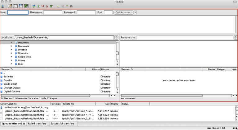Screenshot of FileZilla's opening window. The area that we will using the most is enclosed in the red box: