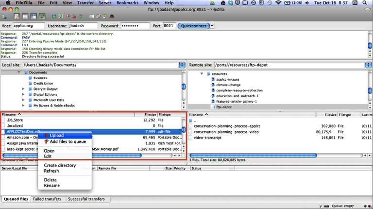 Screenshot of file uploading procedure: