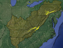 Regional-scale corridors that connect large cores. Three were identified and mapped:
1) Northern Cumberland-Blue Ridge (connects South Blue Ridge to Central Appalachian core to the north);
2) Southern Cumberland-Blue Ridge (connects Southern Blue Ridge to Central Appalachian Core to south);
3) Northern Sandstone Ridges (connect Central Appalachian-Allegheny Regional core to Delaware Water Gap-Catskills)