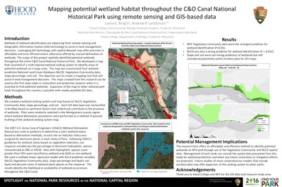Using remote sensing and GIS-based data.  Methods of wetland identification are advancing from remote sensing and Geographic Information System (GIS) technology to assist in land management decisions. We developed a map that consisted of a multi- layered wetland ranking system to identify areas of potential wetlands on a large scale.  The map was constructed from wetland predictors National Land Cover Database (NLCD), Vegetation Community data (from National Park Service/NatureServe), slope percentage, and soil. The ranking system’s potential wetland scores  were ground-truthed with wetland delineation procedures inside NPS’ C&O Canal National Historical Park.  Vegetation community data were the strongest predictor for wetland identification followed by NLCD.  Slope and soil were not strong predictors of wetlands but still considered potentially useful ancillary data.  This research indicates the strength in identifying potential wetlands based on NPS’s vegetation community data.  Future studies of more  comprehensive models that include ancillary data may offer expansion of the ranking system to other parks.