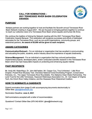 Call for Nominations – 2021 Tennessee River Basin Celebration Awards
