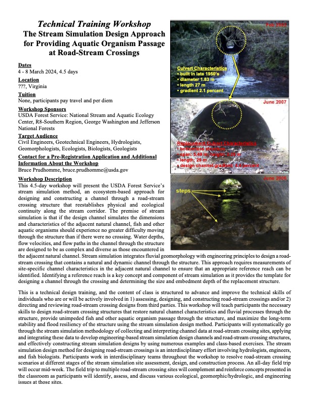 Event: Technical Training Workshop-The Stream Simulation Design Approach for Providing Aquatic Organism Passage at Road-Stream Crossings